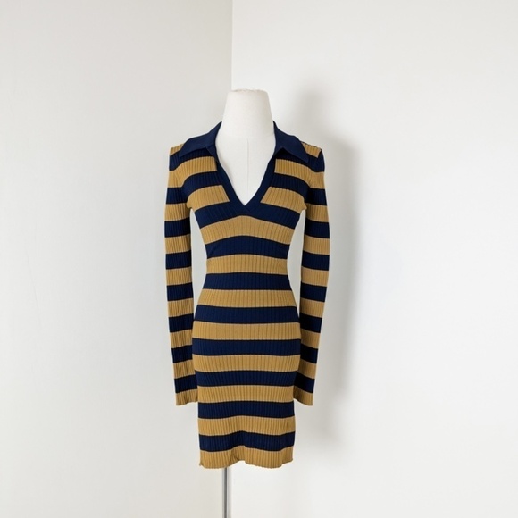 Striped Ribbed Mini Dress Long Sleeve 70’s Style Twik Soft Bodycon Tight Fitted - Picture 2 of 14